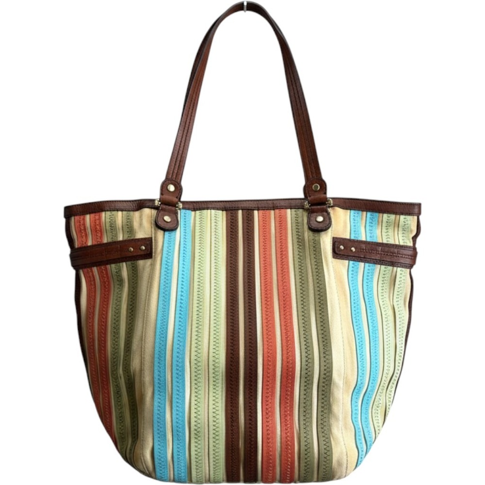Liz Claiborne Canvas Leather Trim Striped Tote Bag Multicolor Boho Shoulder Bag